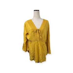 Torrid Mustard Crochet Accent Boho top with tassel ties size 2-2X/18-20